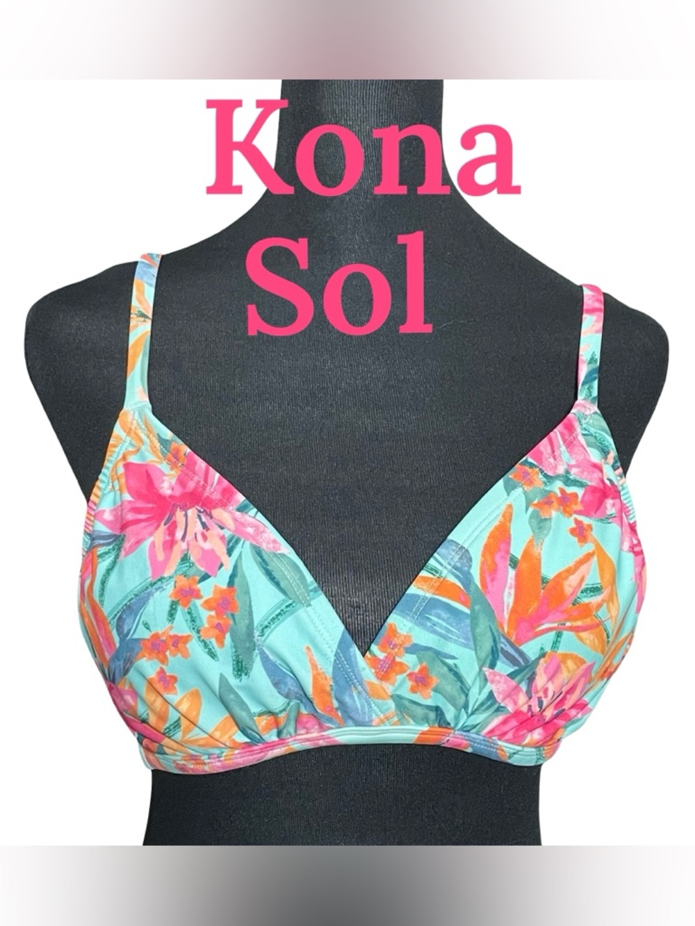 KONA SOL Tropical Print Crossover
Triangle Bikini Top, Soft Lined Cups, Sz. M